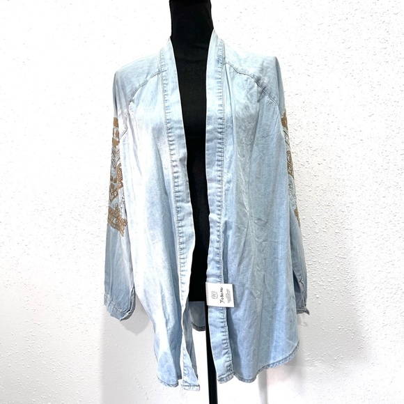 Boutique Embroidered Denim Kimono Jacket OS - Picture 2 of 9